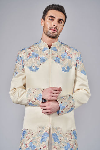 Ivory thread cut dana placement embroidered sherwani