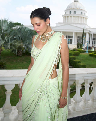 Lime green pre-stitched saree and blouse