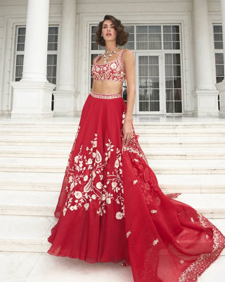 Red silk organza lehenga set