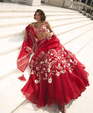 Red silk organza lehenga set