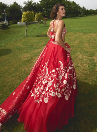 Red silk organza lehenga set