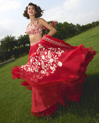 Red silk organza lehenga set