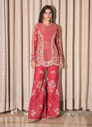 Red embroidery organza kurta and pants