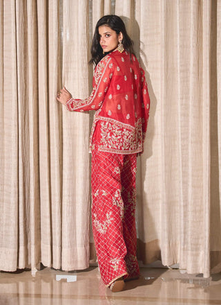 Red embroidery organza kurta and pants