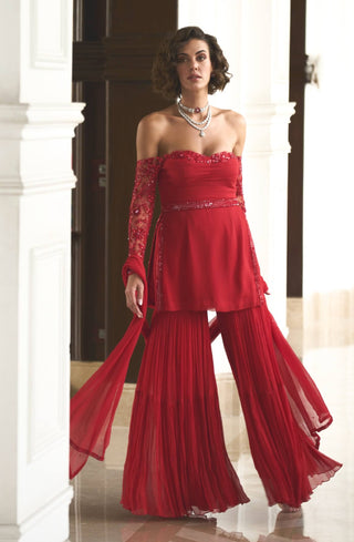 Red off-shoulder top and sharara set