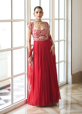 Red hand-embroidered anarkali and dupatta