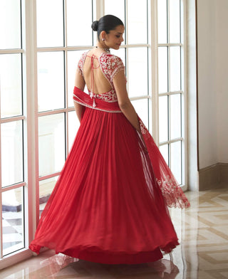 Red hand-embroidered anarkali and dupatta