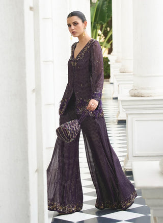 Purple mukaish georgette top and flared pants