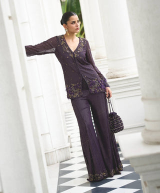 Purple mukaish georgette top and flared pants