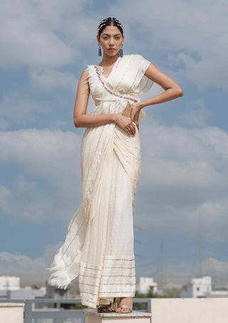 Beige chiffon stitched saree and blouse