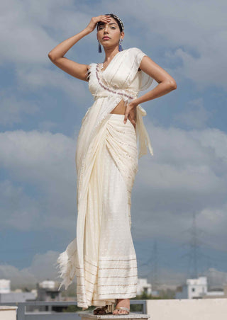 Beige chiffon stitched saree and blouse