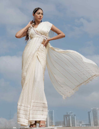 Beige chiffon stitched saree and blouse