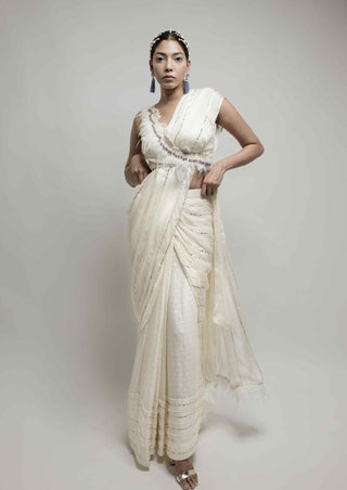 Beige chiffon stitched saree and blouse