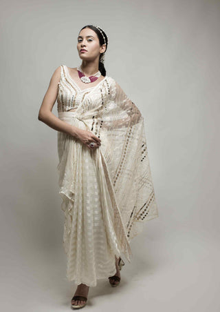 Beige indo-western stitch saree