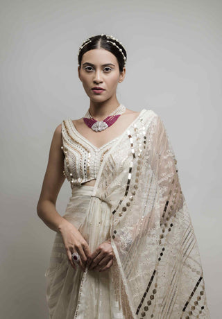 Beige indo-western stitch saree