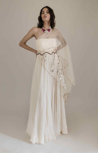 Beige tube gown with attached drape and belt