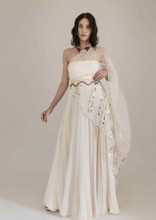 Beige tube gown with attached drape and belt