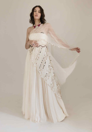 Beige tube gown with attached drape and belt