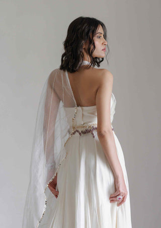 Beige tube gown with attached drape and belt