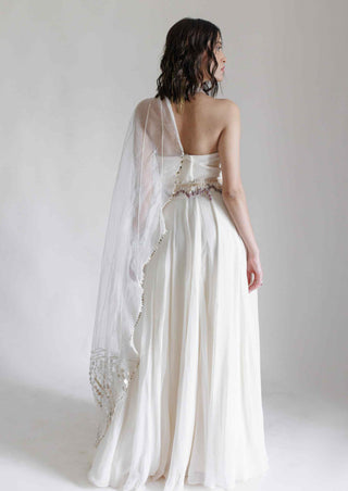 Beige tube gown with attached drape and belt