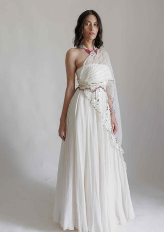 Beige tube gown with attached drape and belt