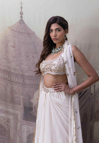 Beige asymmetrical dhoti skirt and cape set