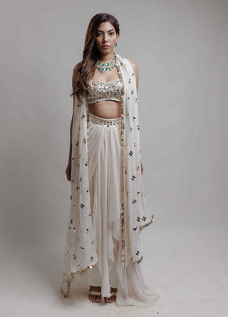 Beige asymmetrical dhoti skirt and cape set