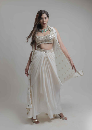 Beige asymmetrical dhoti skirt and cape set