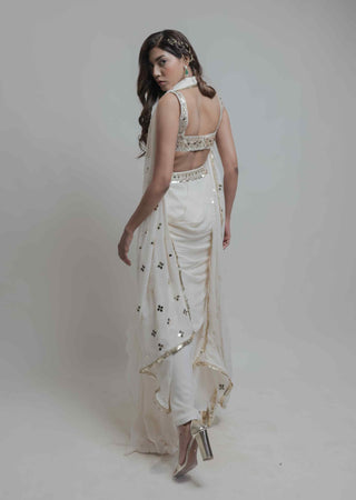 Beige asymmetrical dhoti skirt and cape set