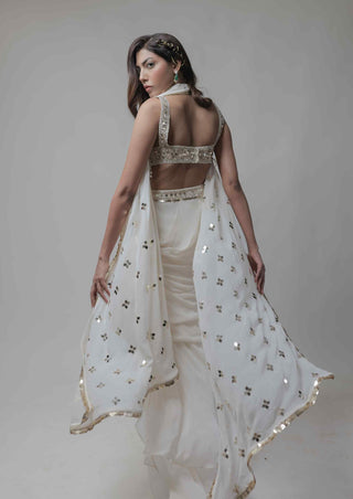 Beige asymmetrical dhoti skirt and cape set