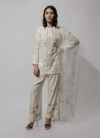 Beige short embroidered kurta set