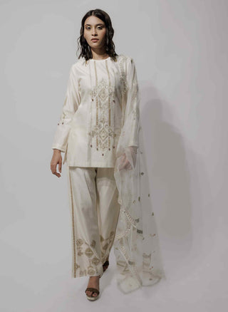 Beige short embroidered kurta set