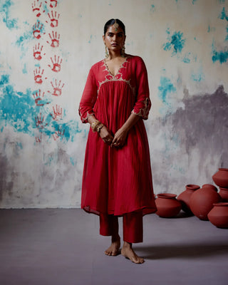 Red gather kurta set