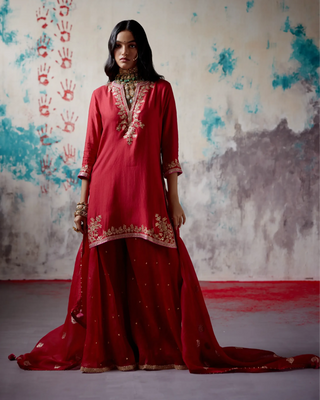 Red short kurta sharara set