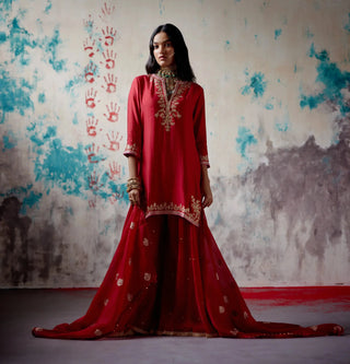 Red short kurta sharara set