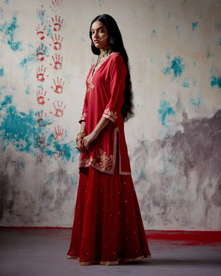 Red short kurta sharara set