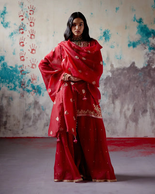 Red short kurta sharara set