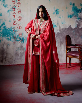 Red short kurta sharara set