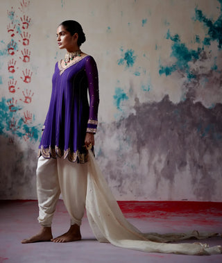 Purple short anarkali dhoti set