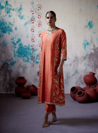 Rust orange panelled straight kurta set