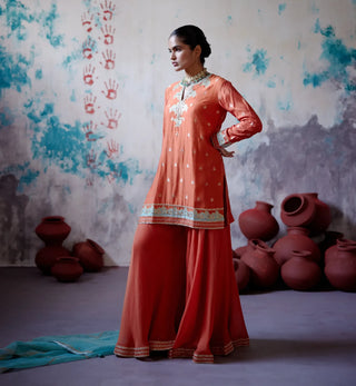 Rust orange short kurta sharara set