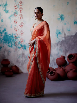 Rust orange half and half saree with sleeveless blouse