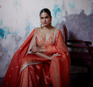 Rust orange half and half saree with sleeveless blouse