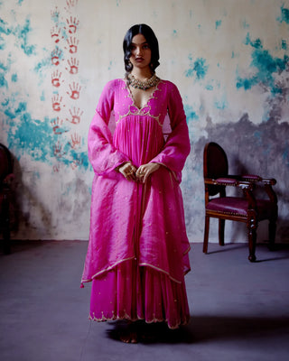 Fuchsia pink gather anarkali set