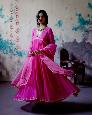 Fuchsia pink gather anarkali set