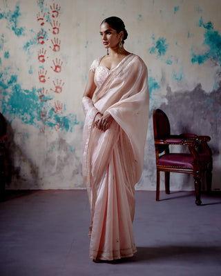 Soft peach half and half saree with mega sleeve blouse