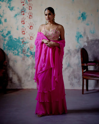 Fuchsia Pink draped saree with bralet blouse