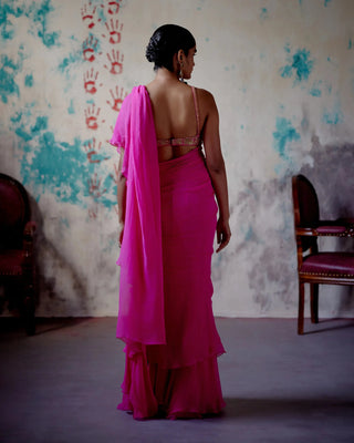 Fuchsia Pink draped saree with bralet blouse