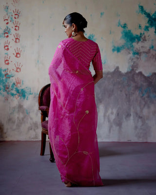 Fuchsia pink zari organza saree with blouse