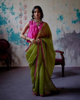 Olive half and half saree with long blouse